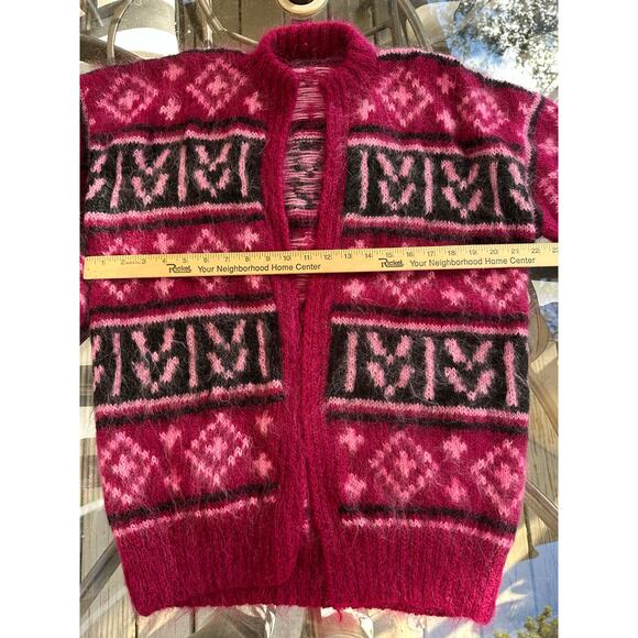 Vintage mohair-blend cardigan Fair Isle magenta black open front hand knitted - Picture 5 of 11